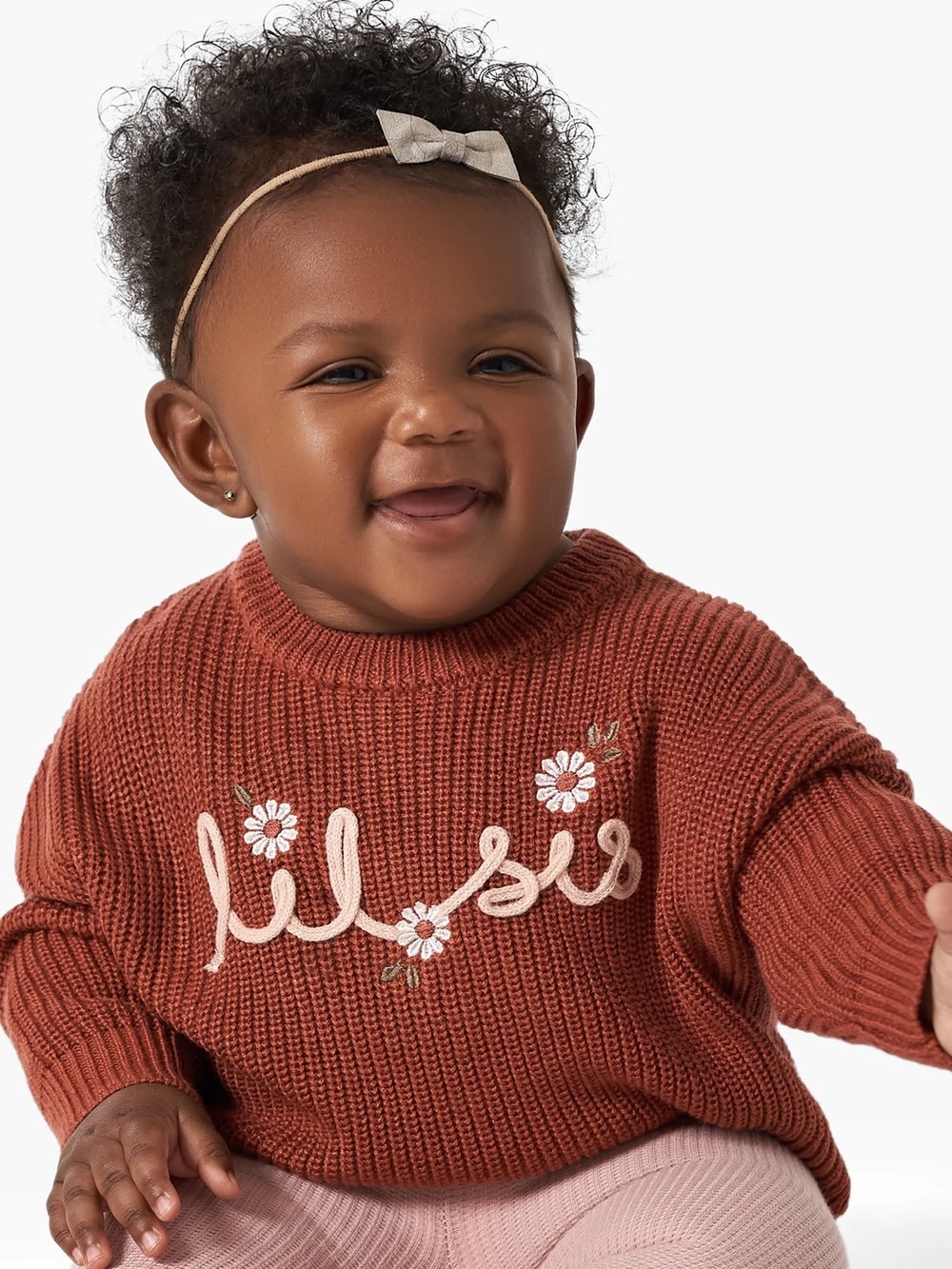 ‘Lil Sis’ Baby Knit Sweater - Rust with Daisy Embroidery